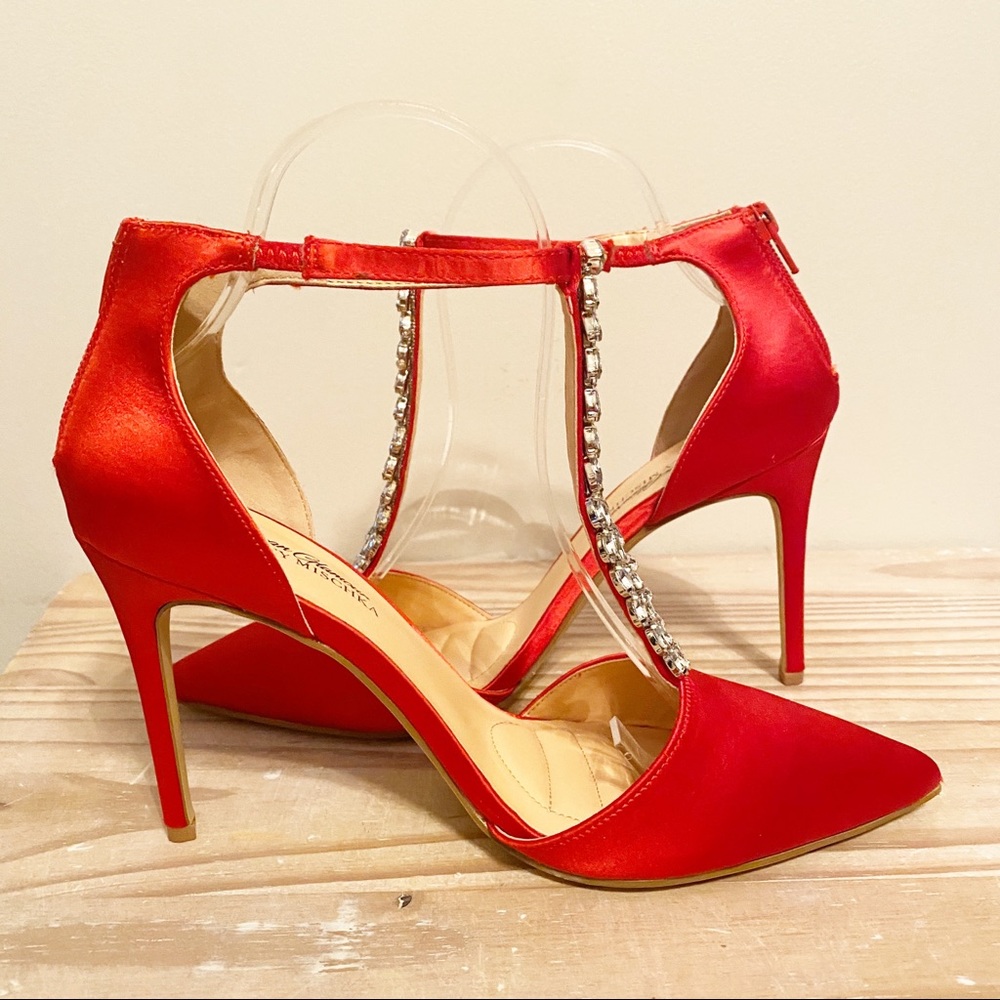 Badgley Mischka Scarlet Satin Heels with Crystal Accents - Picture 4 of 6